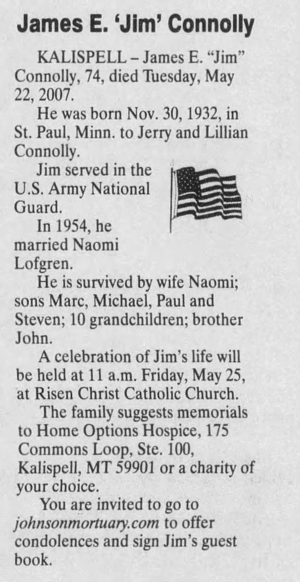 Obituary for James E. Connolly, 1932-2007 (Aged 74)